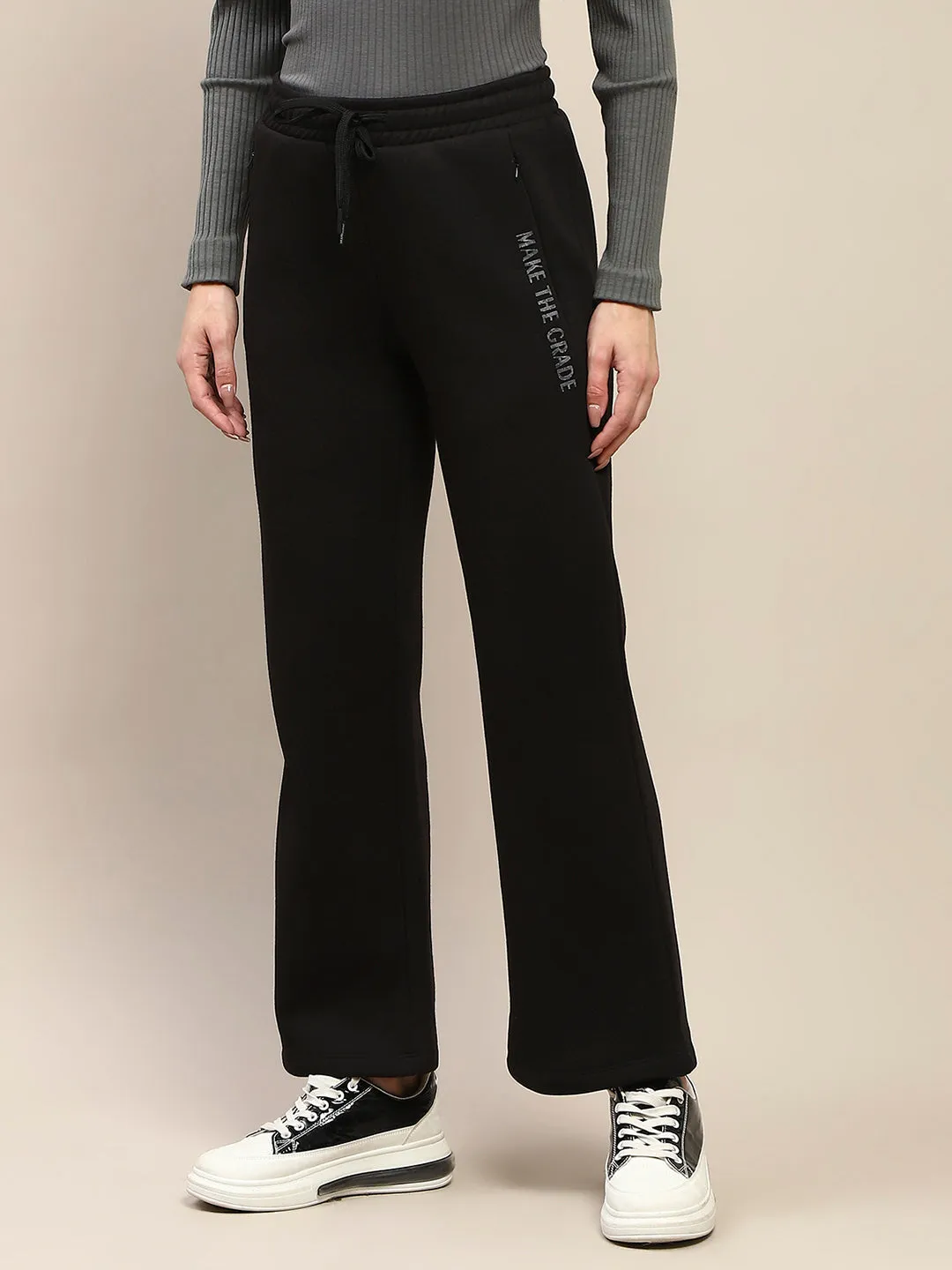 mSECRET Typography Adorned Black Cotton Track Bottoms