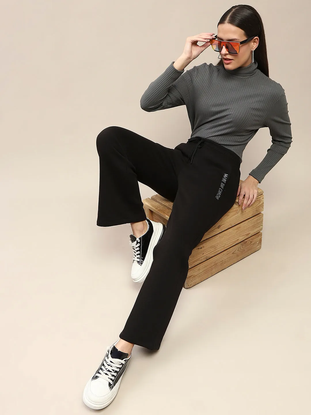 mSECRET Typography Adorned Black Cotton Track Bottoms