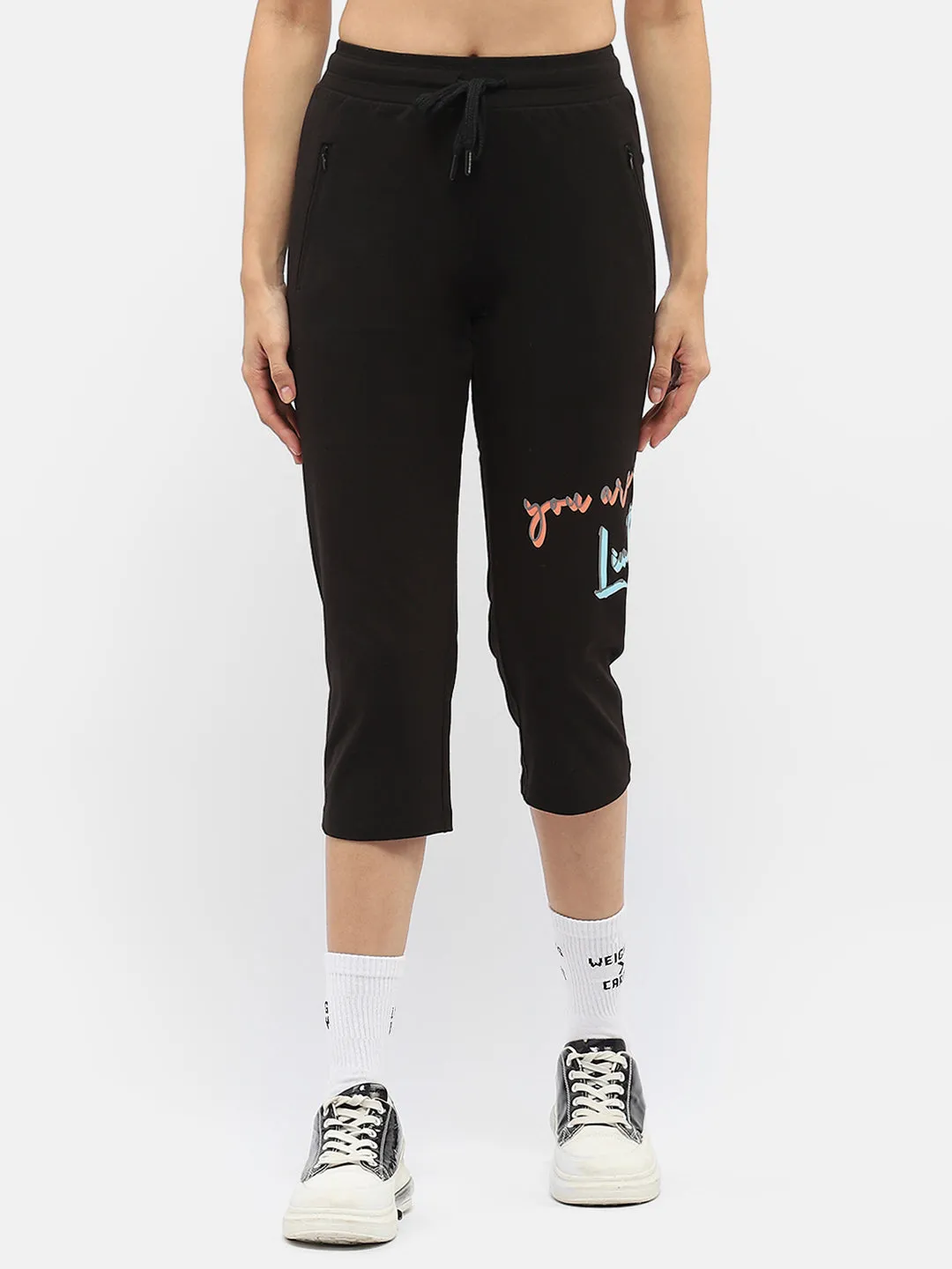 mSECRETTypography Black Drawstring Waist Capri