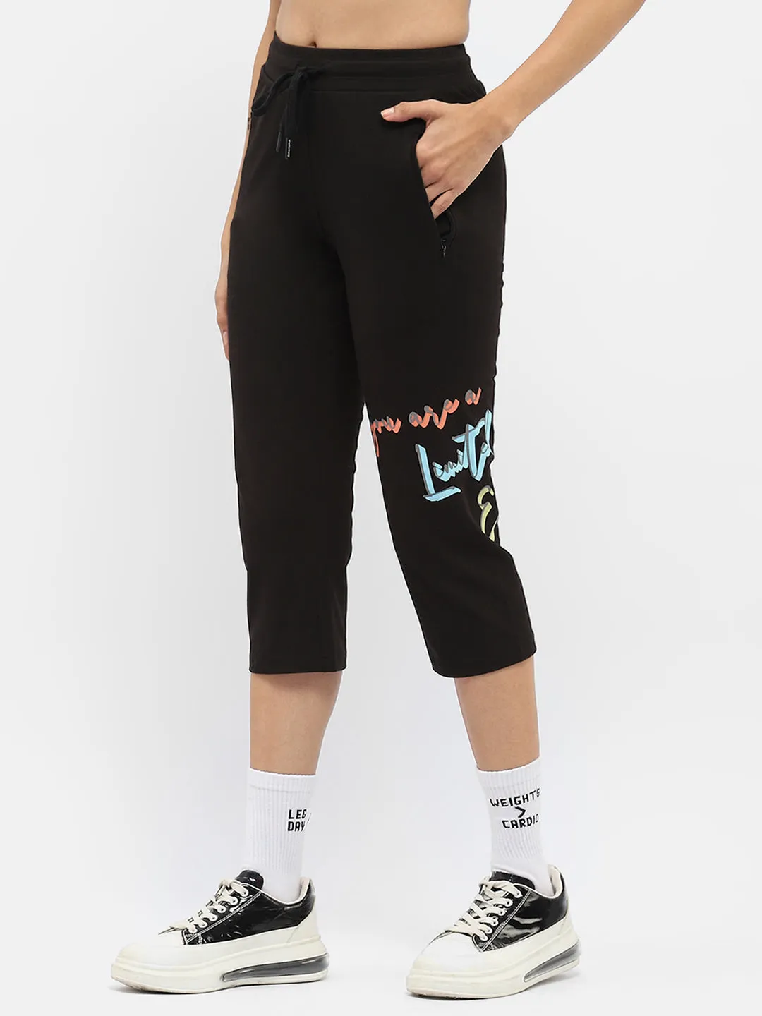 mSECRETTypography Black Drawstring Waist Capri