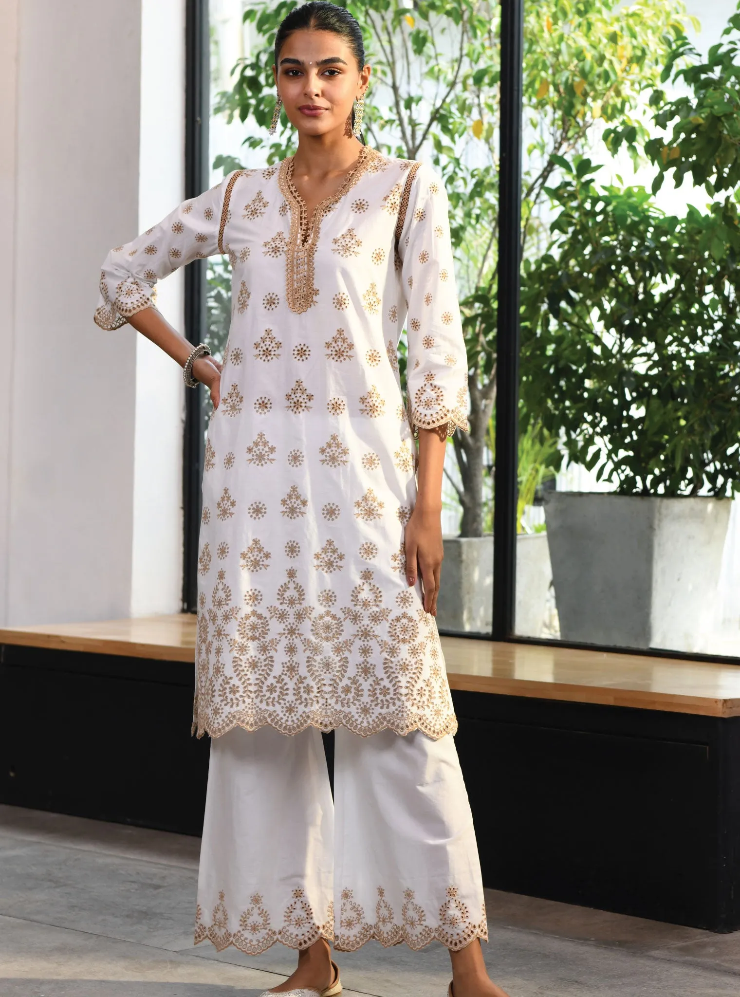 Mulmul Cotton Ripon White Kurta With Ripon White Pant
