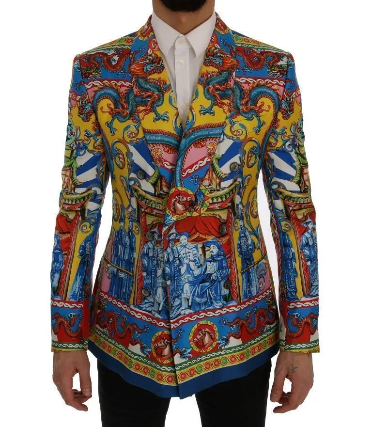 Multicolor Dragon Print Silk Slim Fit Blazer Jacket