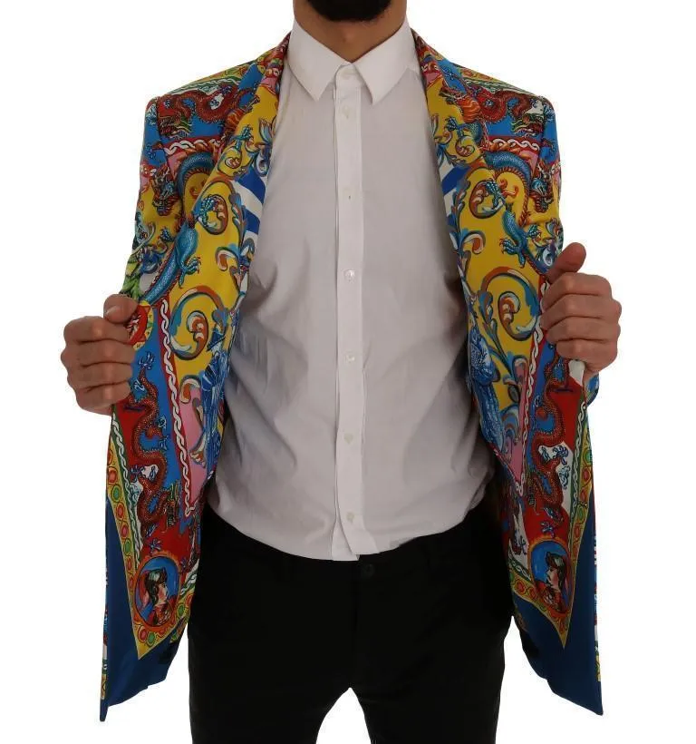 Multicolor Dragon Print Silk Slim Fit Blazer Jacket