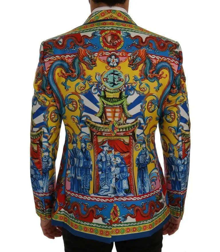 Multicolor Dragon Print Silk Slim Fit Blazer Jacket
