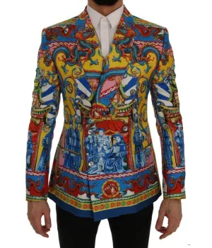 Multicolor Dragon Print Silk Slim Fit Blazer Jacket