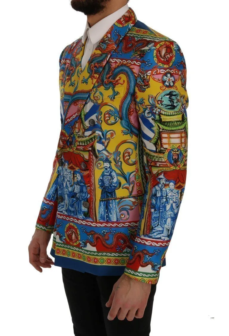 Multicolor Dragon Print Silk Slim Fit Blazer Jacket