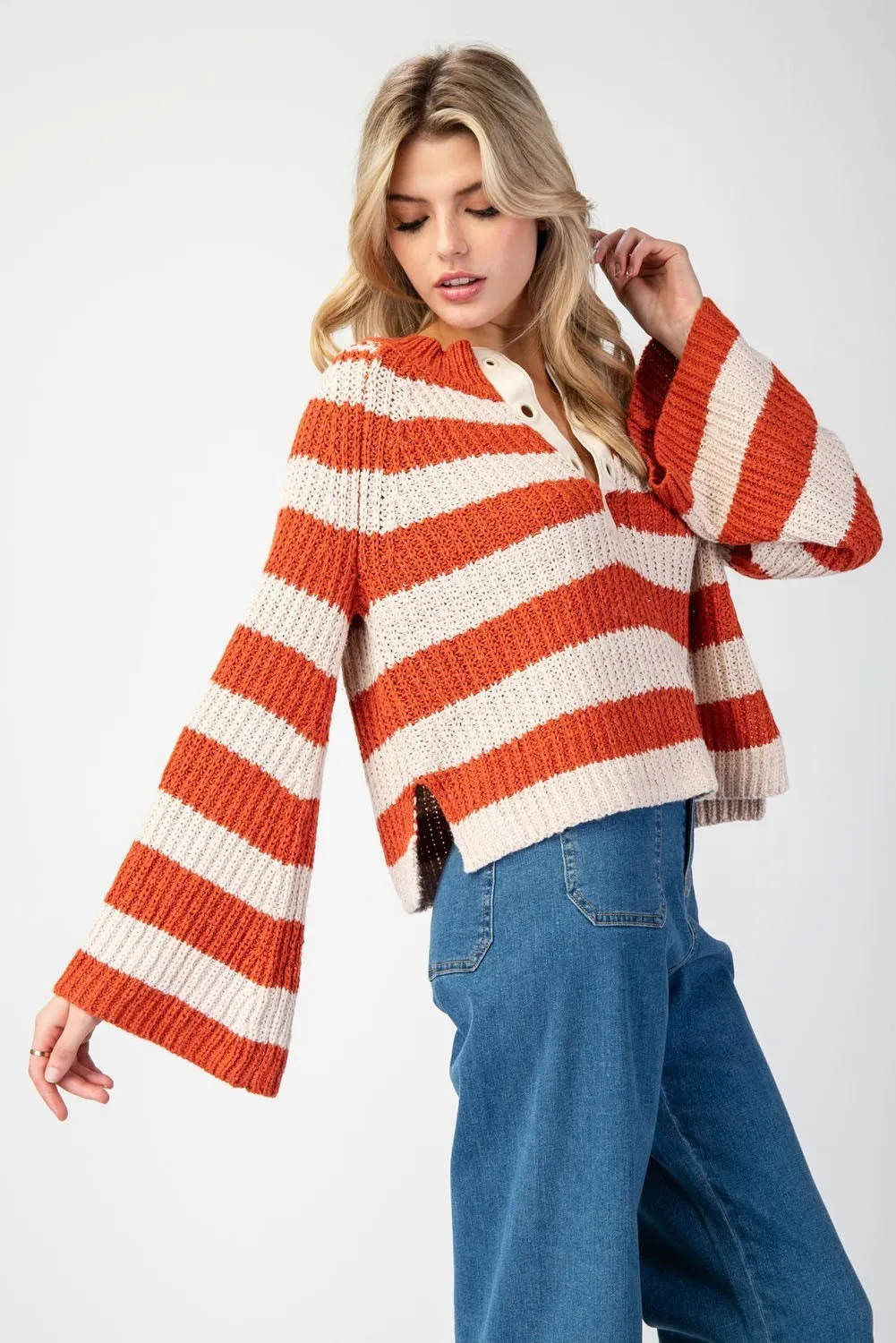 Myles Striped Bell Sleeve Sweater - Orange