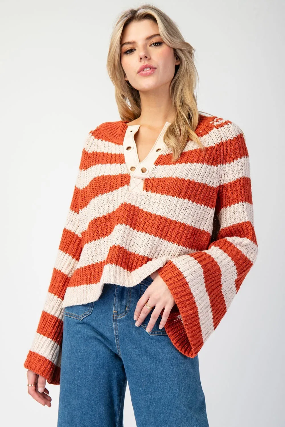 Myles Striped Bell Sleeve Sweater - Orange