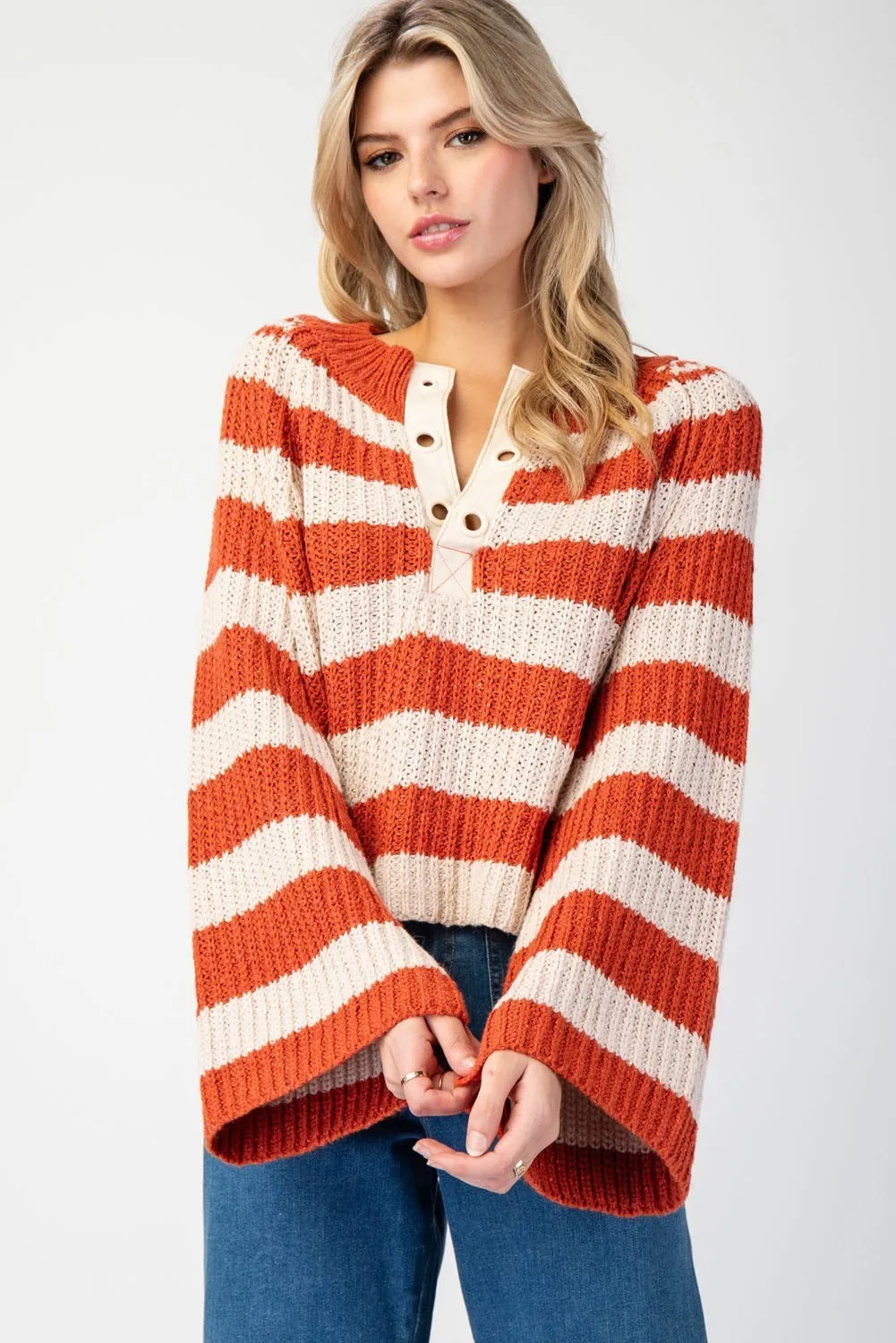 Myles Striped Bell Sleeve Sweater - Orange