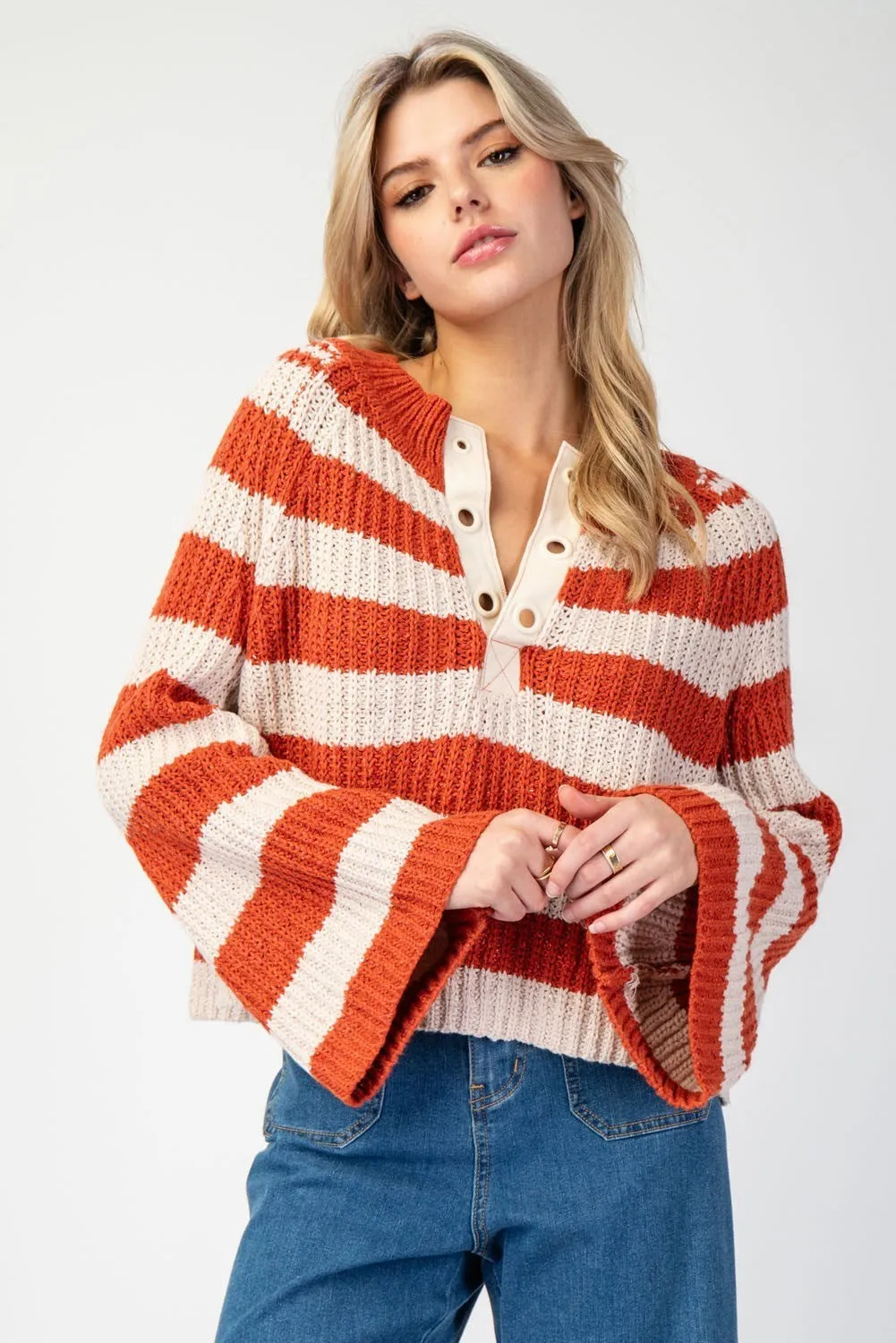 Myles Striped Bell Sleeve Sweater - Orange