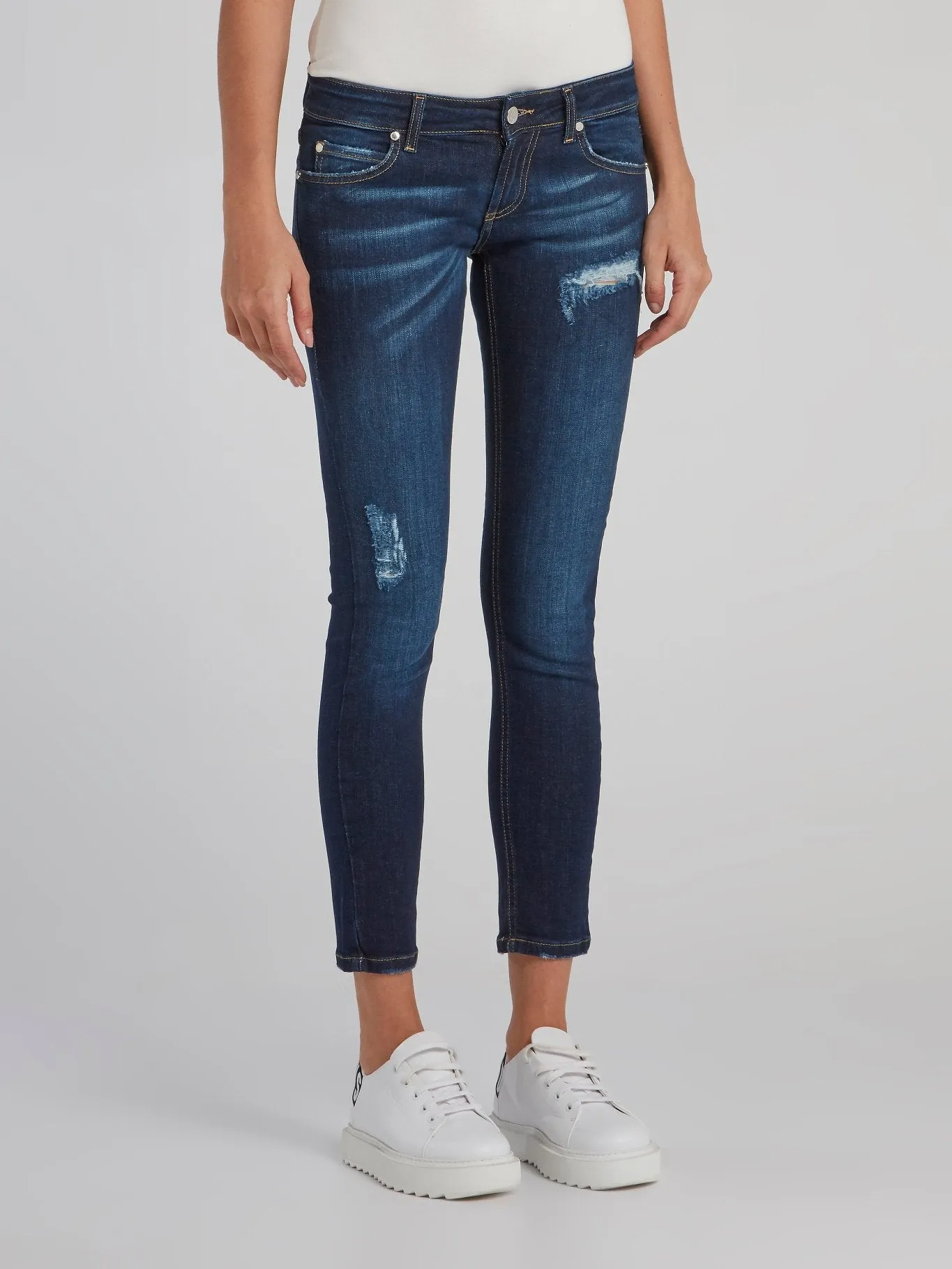 Navy Distressed Capri Jeans