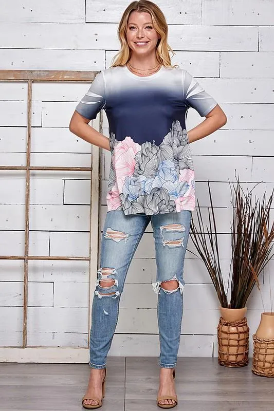 Navy, Pink & White Ombré Floral Top