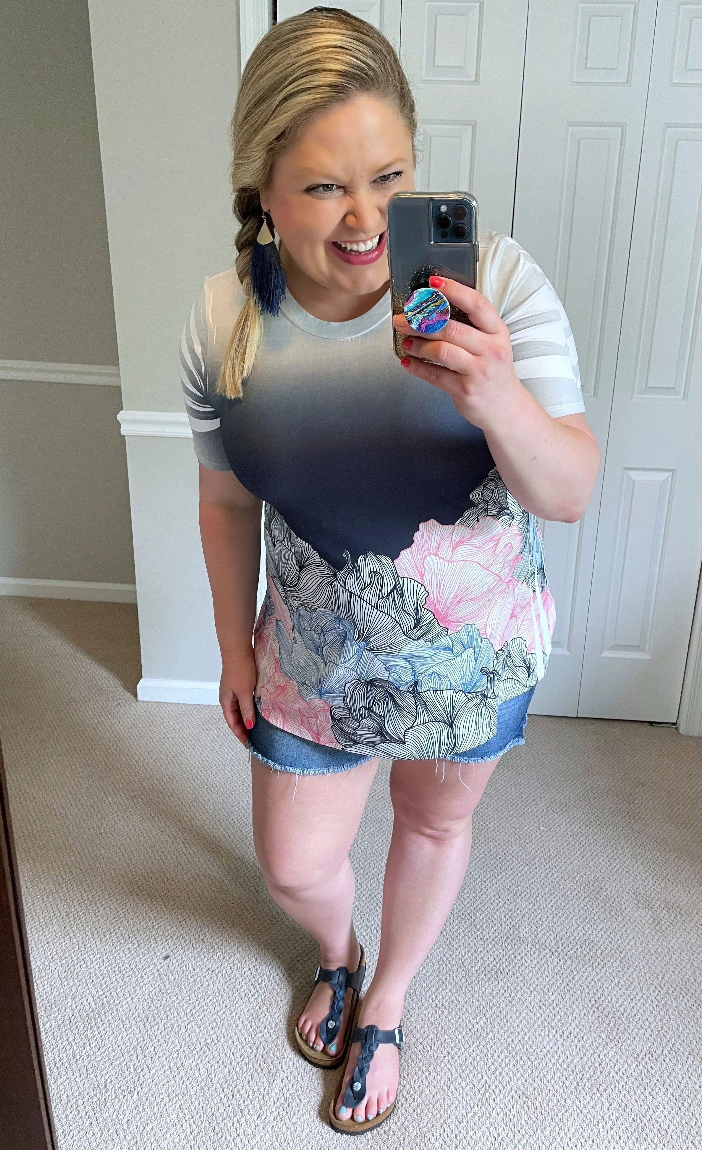 Navy, Pink & White Ombré Floral Top
