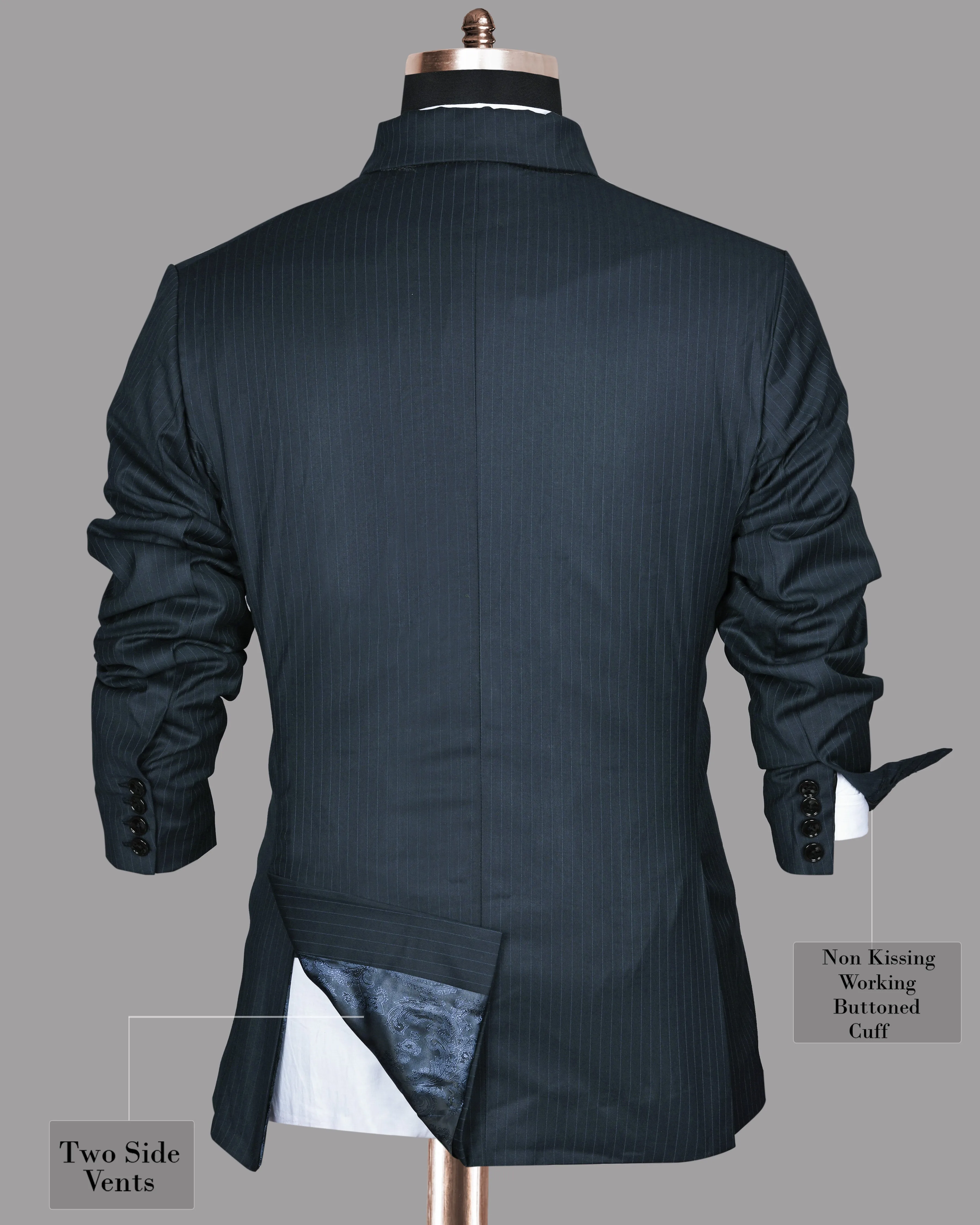 Navy Pinstriped Wool Blend Double Breasted Blazer