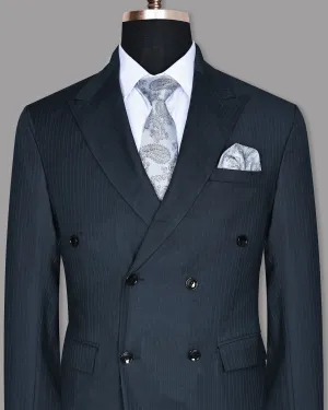 Navy Pinstriped Wool Blend Double Breasted Blazer