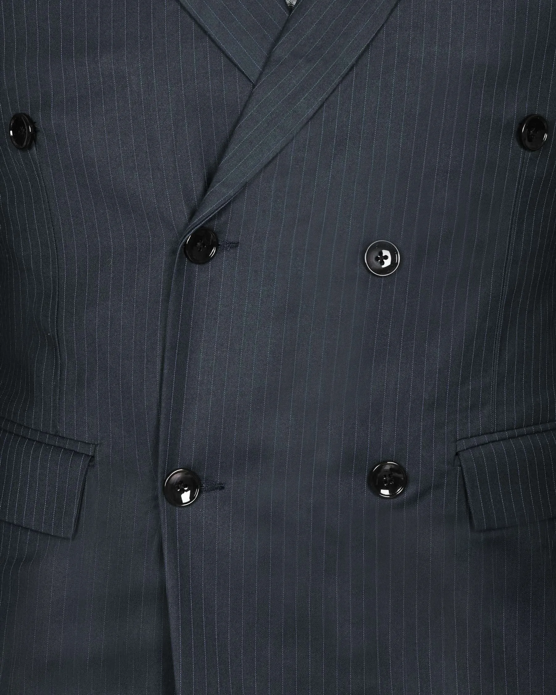 Navy Pinstriped Wool Blend Double Breasted Blazer