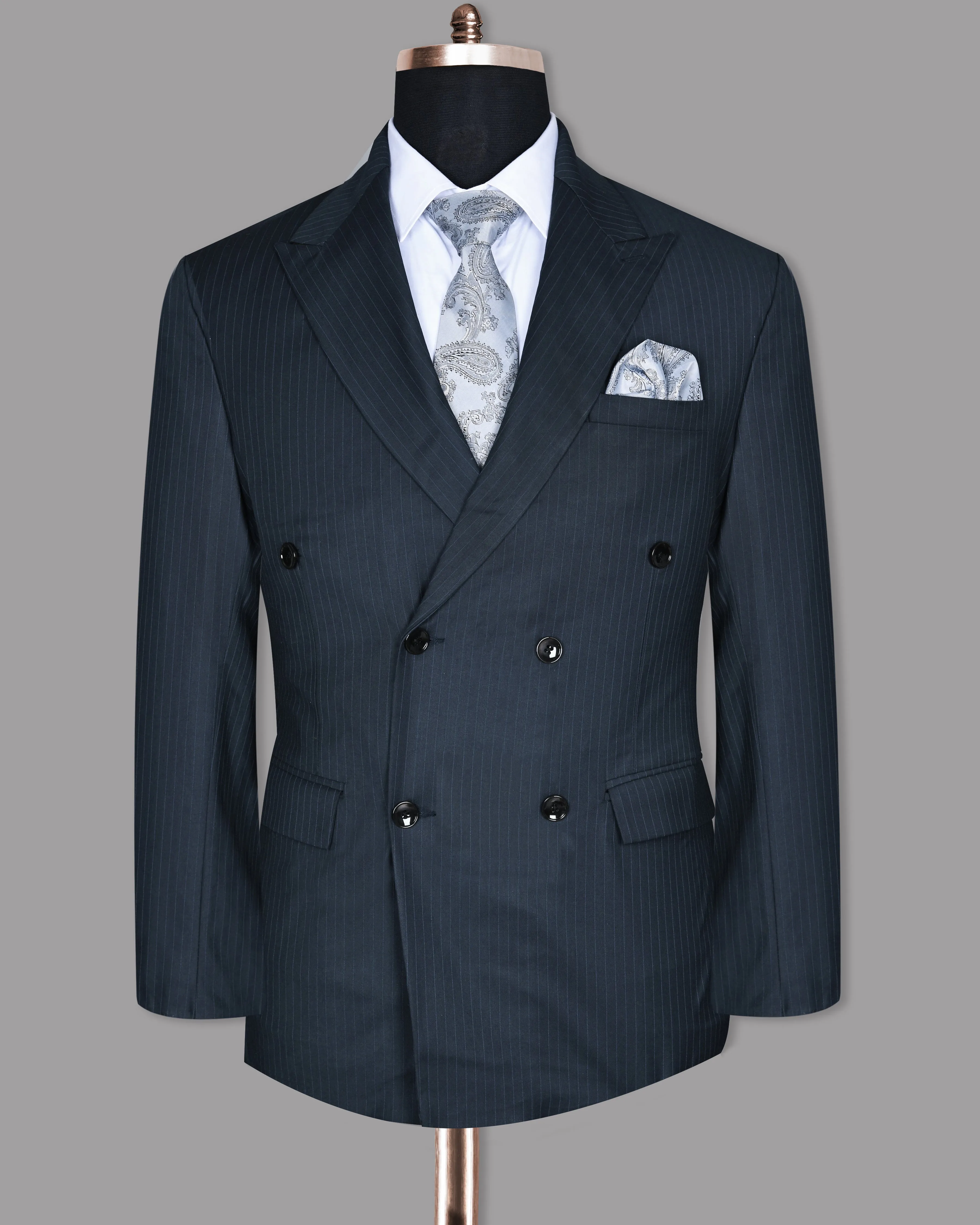 Navy Pinstriped Wool Blend Double Breasted Blazer