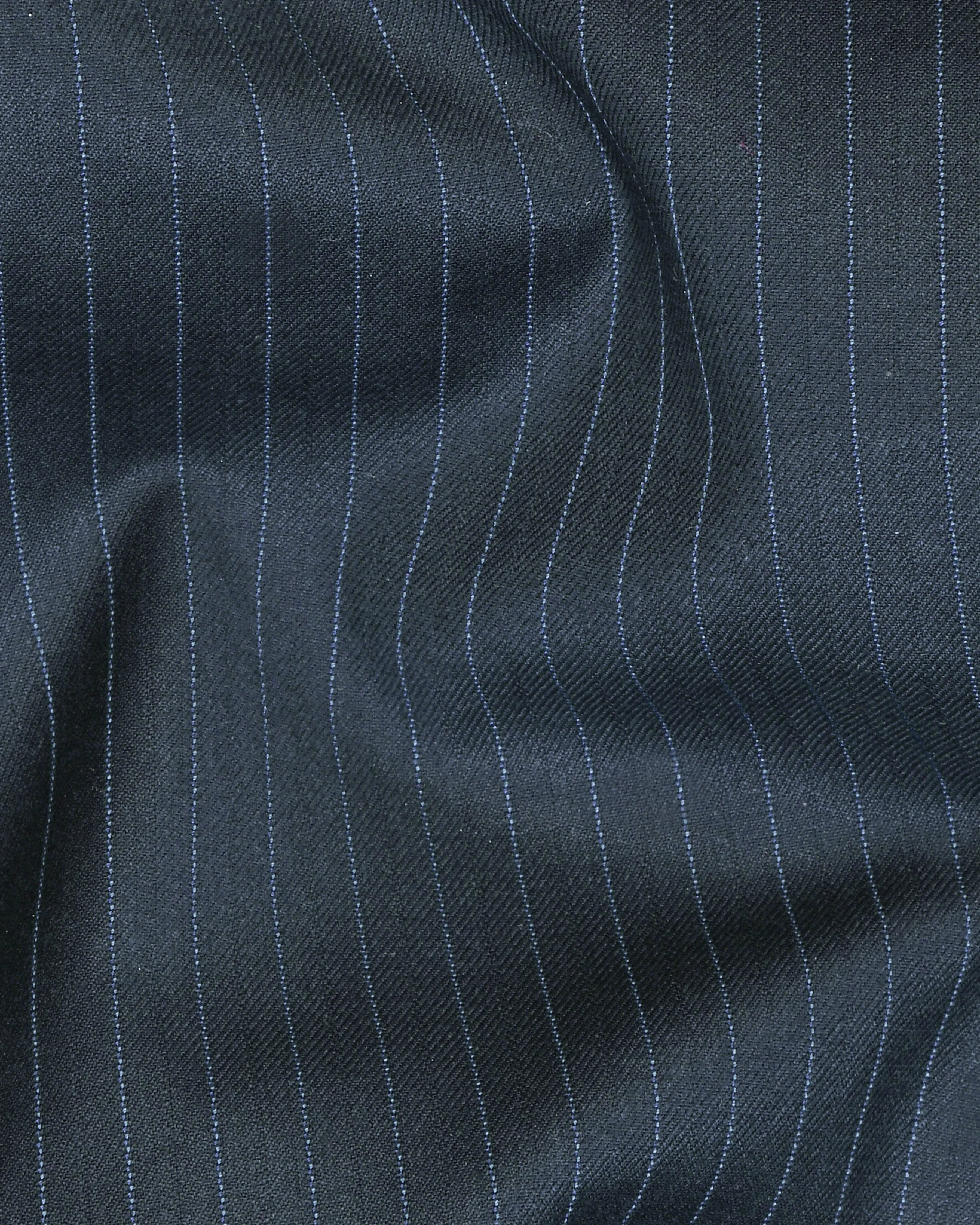 Navy Pinstriped Wool Blend Double Breasted Blazer