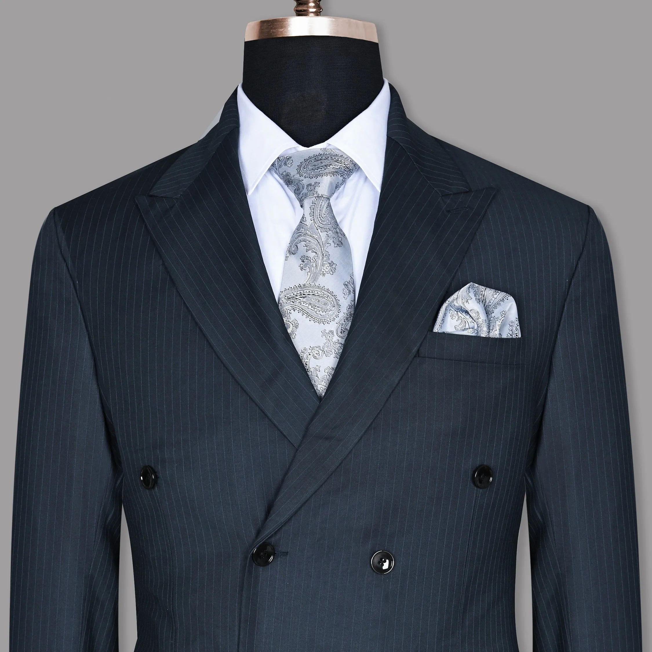Navy Pinstriped Wool Blend Double Breasted Blazer