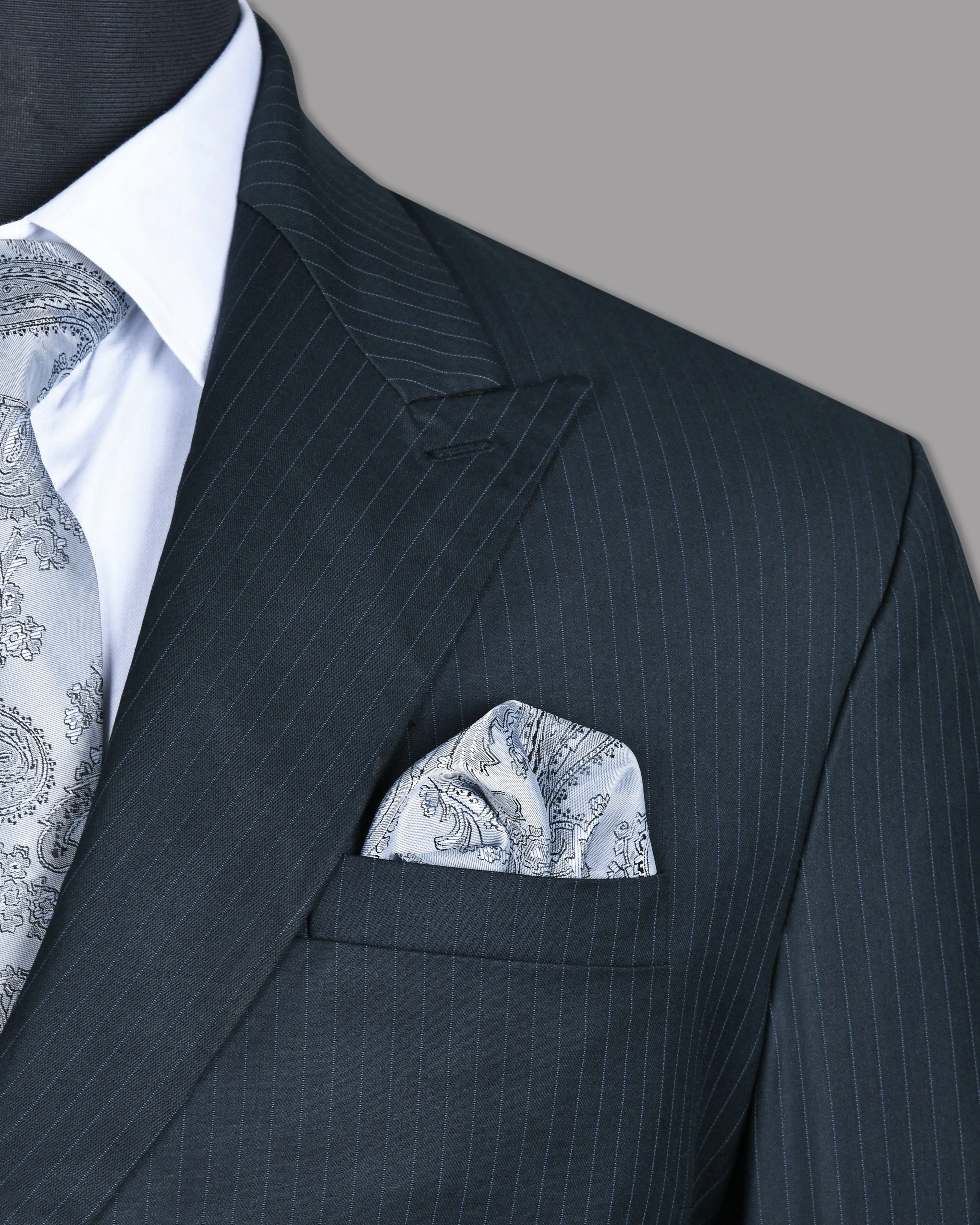 Navy Pinstriped Wool Blend Double Breasted Blazer