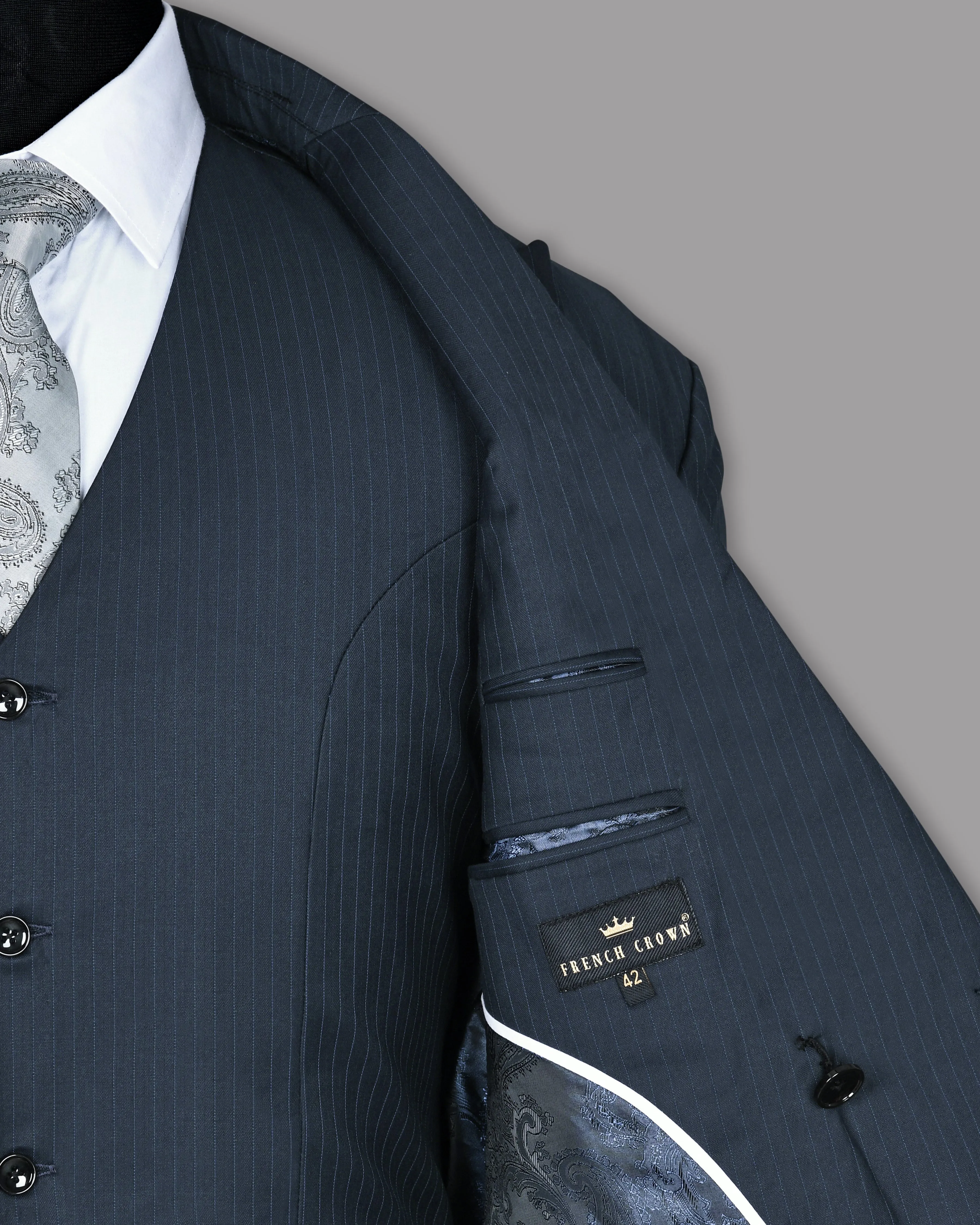 Navy Pinstriped Wool Blend Double Breasted Blazer