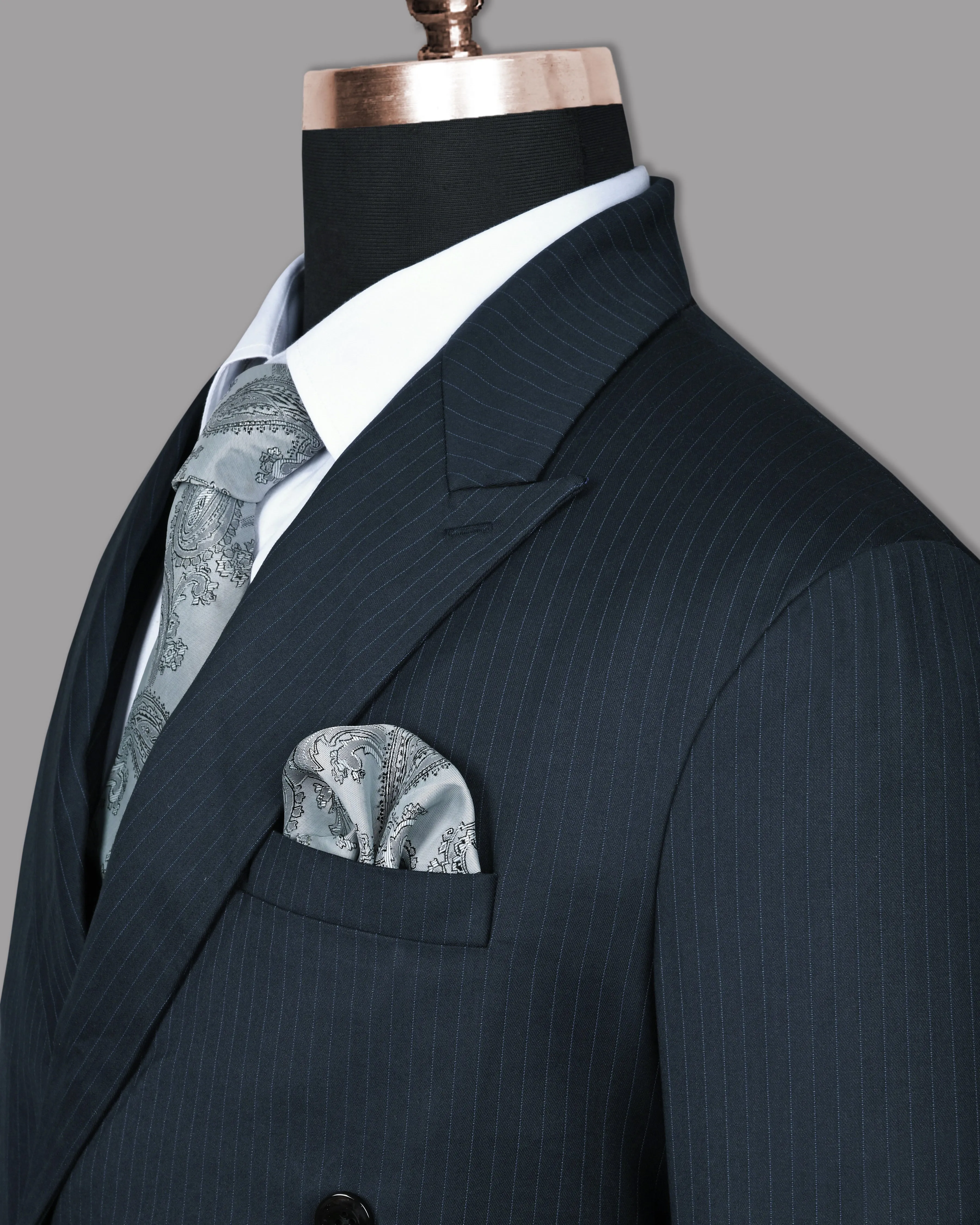 Navy Pinstriped Wool Blend Double Breasted Blazer