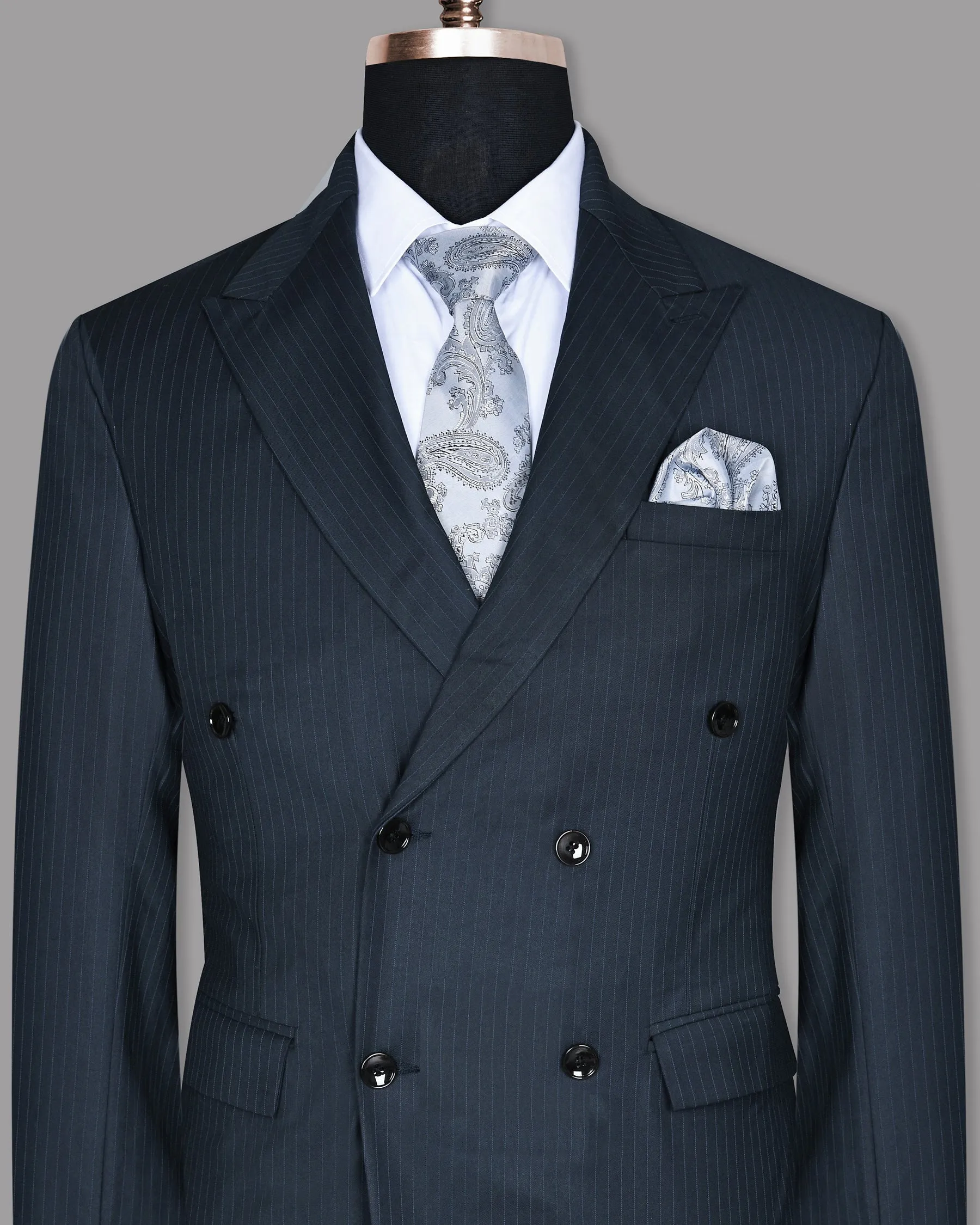 Navy Pinstriped Wool Blend Double Breasted Blazer
