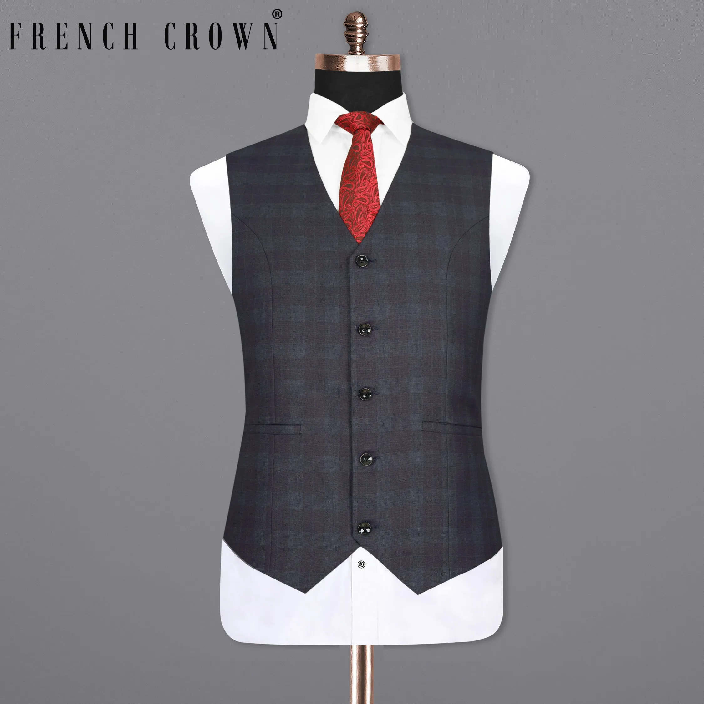 Navy Plaid Wool Rich Waistcoat