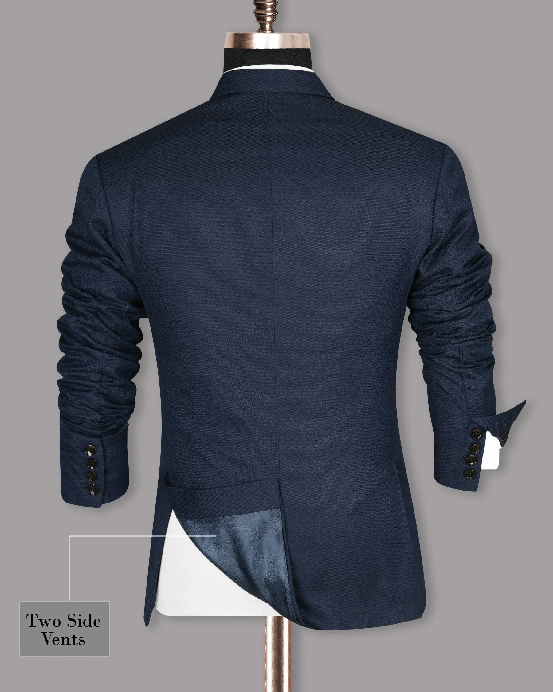 Navy Subtle Textured Wool Rich Double Breasted Blazer