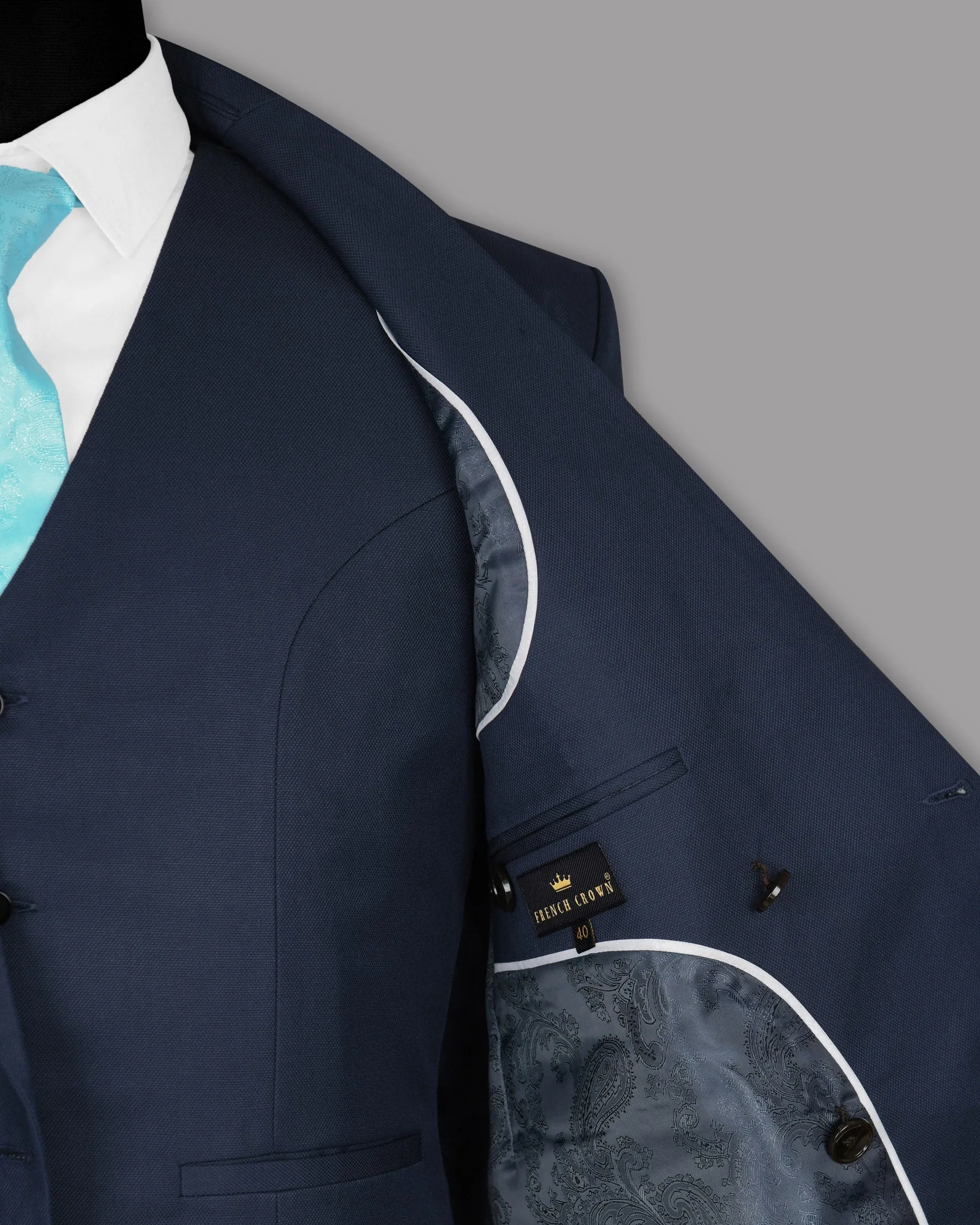 Navy Subtle Textured Wool Rich Double Breasted Blazer