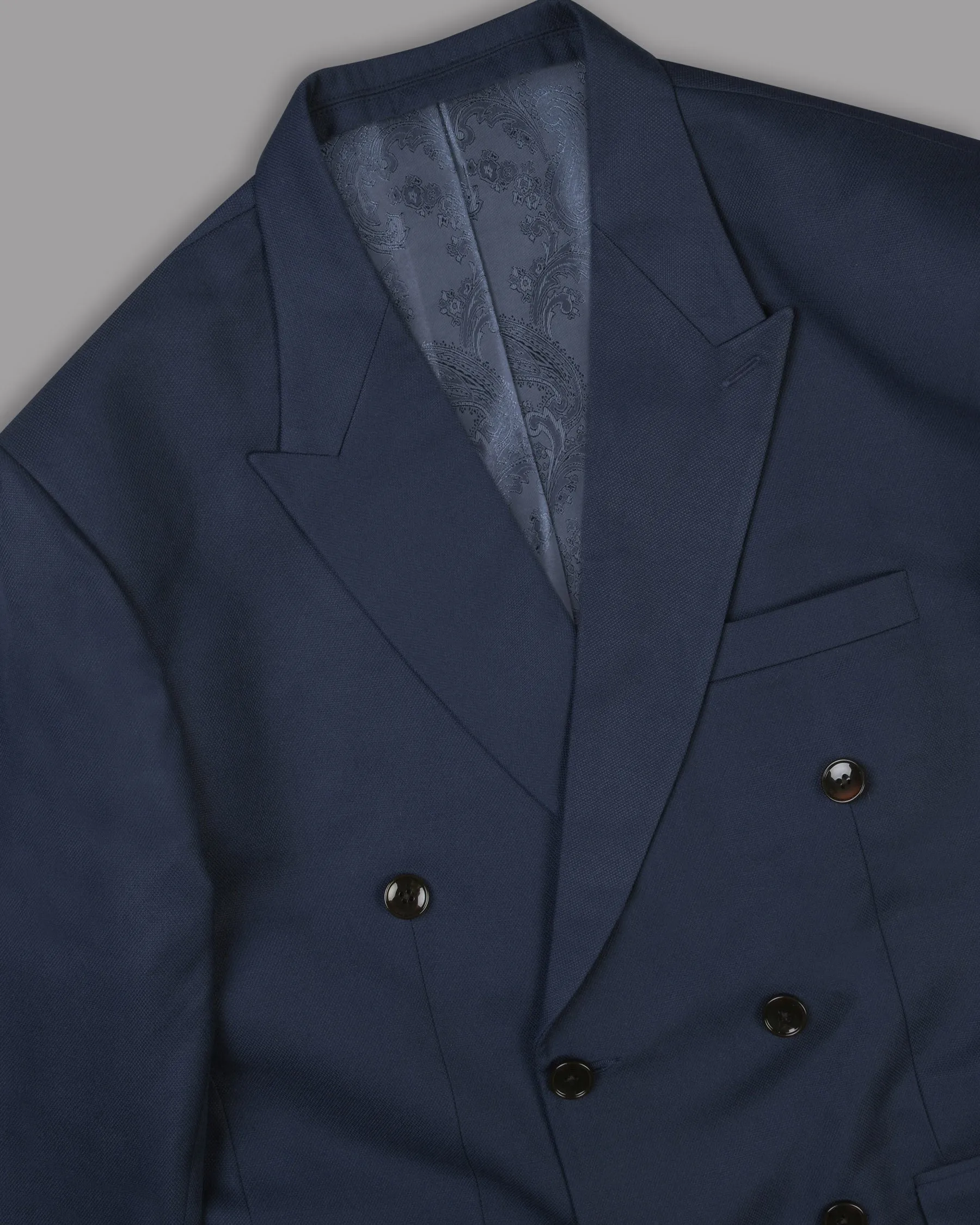 Navy Subtle Textured Wool Rich Double Breasted Blazer