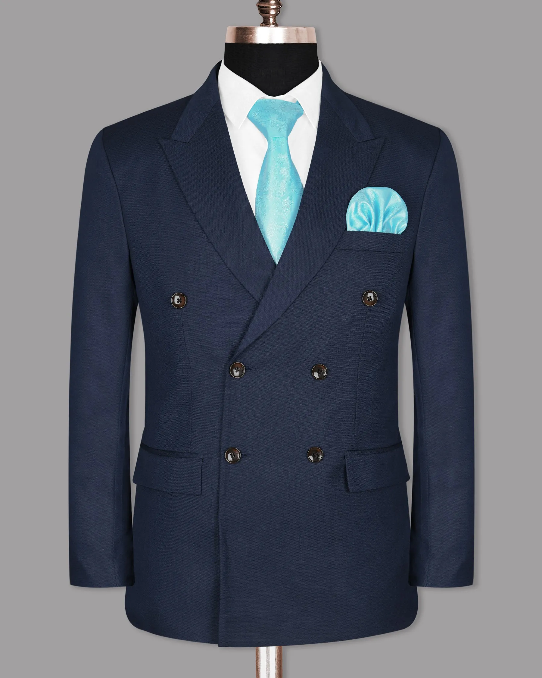 Navy Subtle Textured Wool Rich Double Breasted Blazer
