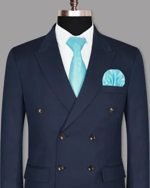 Navy Subtle Textured Wool Rich Double Breasted Blazer