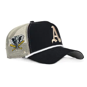 New Era 9Forty A-Frame Corduroy Rope Philadelphia Athletics Logo Patch Snapback Trucker Hat - Navy, Stone