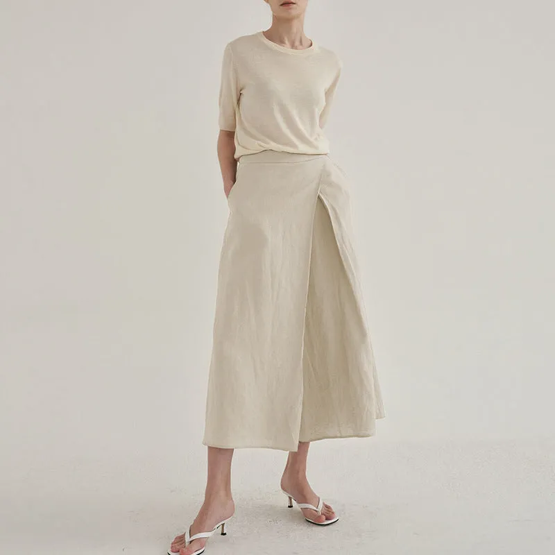 Niche Design Cotton Linen Cropped Wide Leg Pants Spring Autumn French High Waist Slimming Skort Office Women Pants