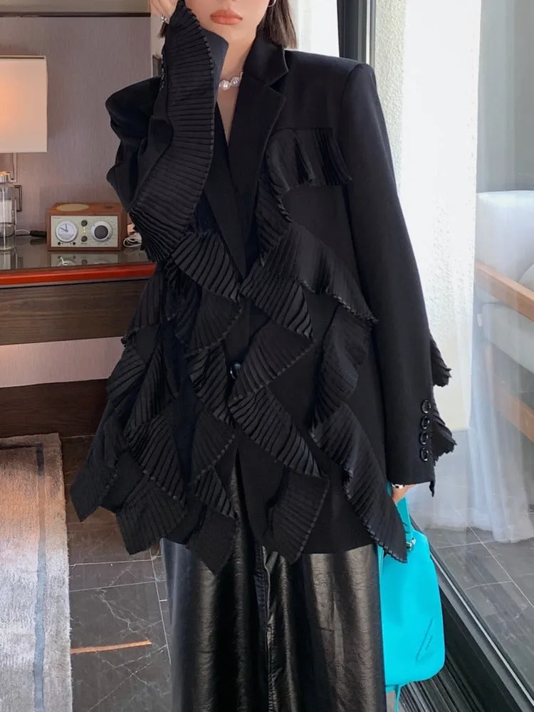 Notched Loose Single Breasted Spliced Ruffles Suit Jacket