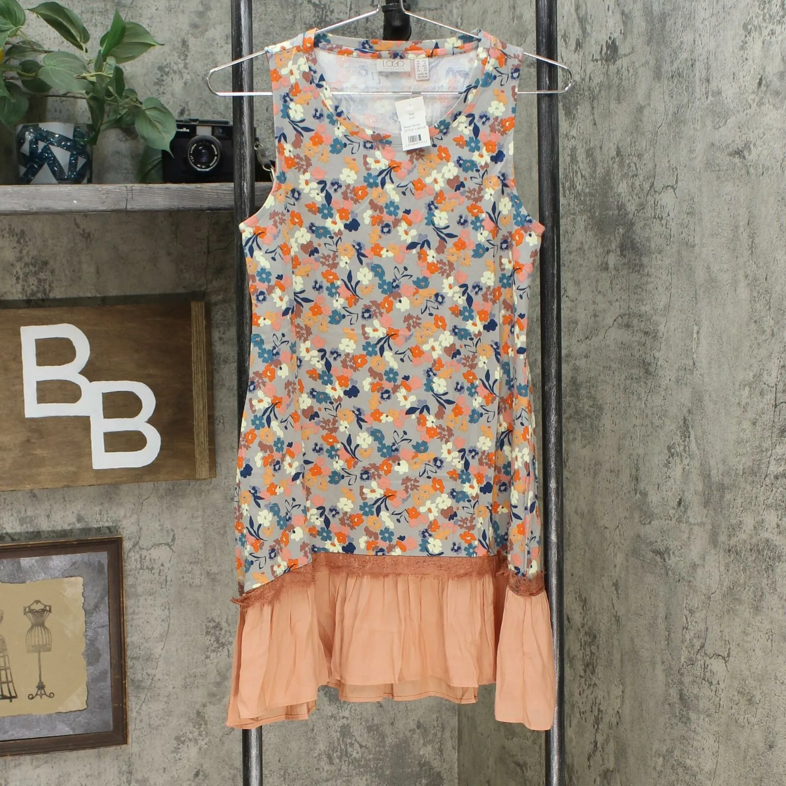 NWT LOGO By Lori Goldstein Printed Cotton Modal Tank W/ Ruffle Trim. A305449 2XS