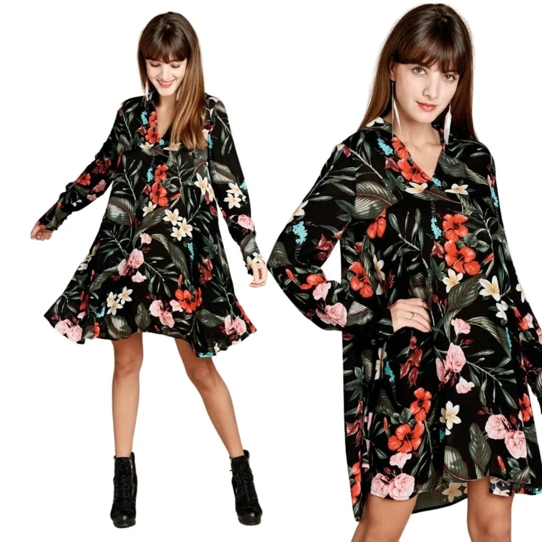 ODDI Black Long Sleeve Floral Print Collared V-Neck Mini Dress ID12295