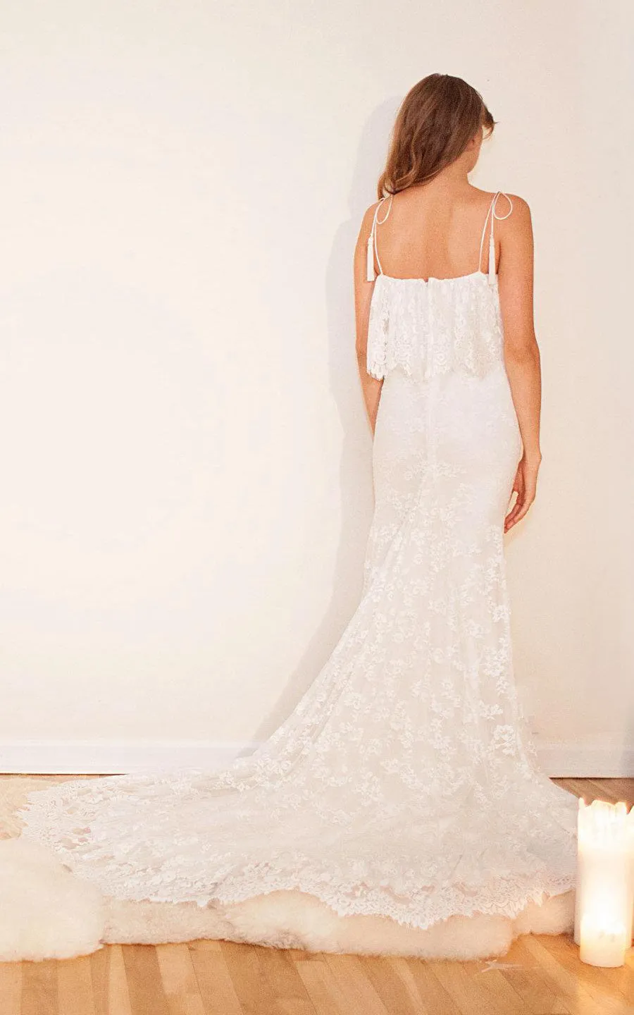 Off-Shoulder Long Sheath Lace Boho Wedding Dress With Ruffles-ET_711236