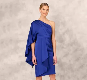 One-Shoulder Satin Draped Sheath Dress With Crepe Back And Cape In Royal Sapphire