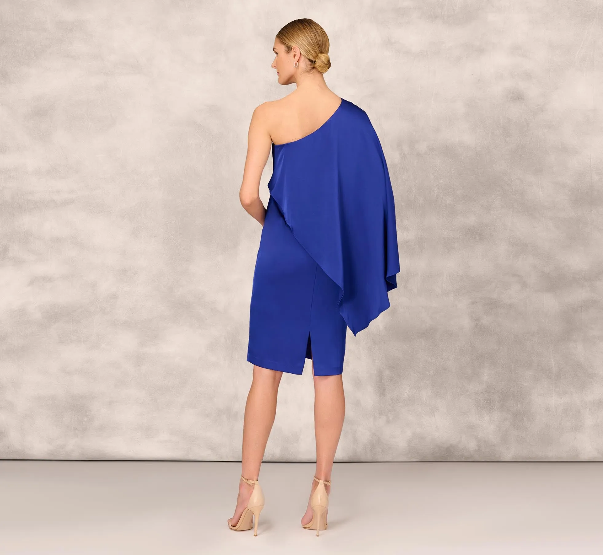 One-Shoulder Satin Draped Sheath Dress With Crepe Back And Cape In Royal Sapphire
