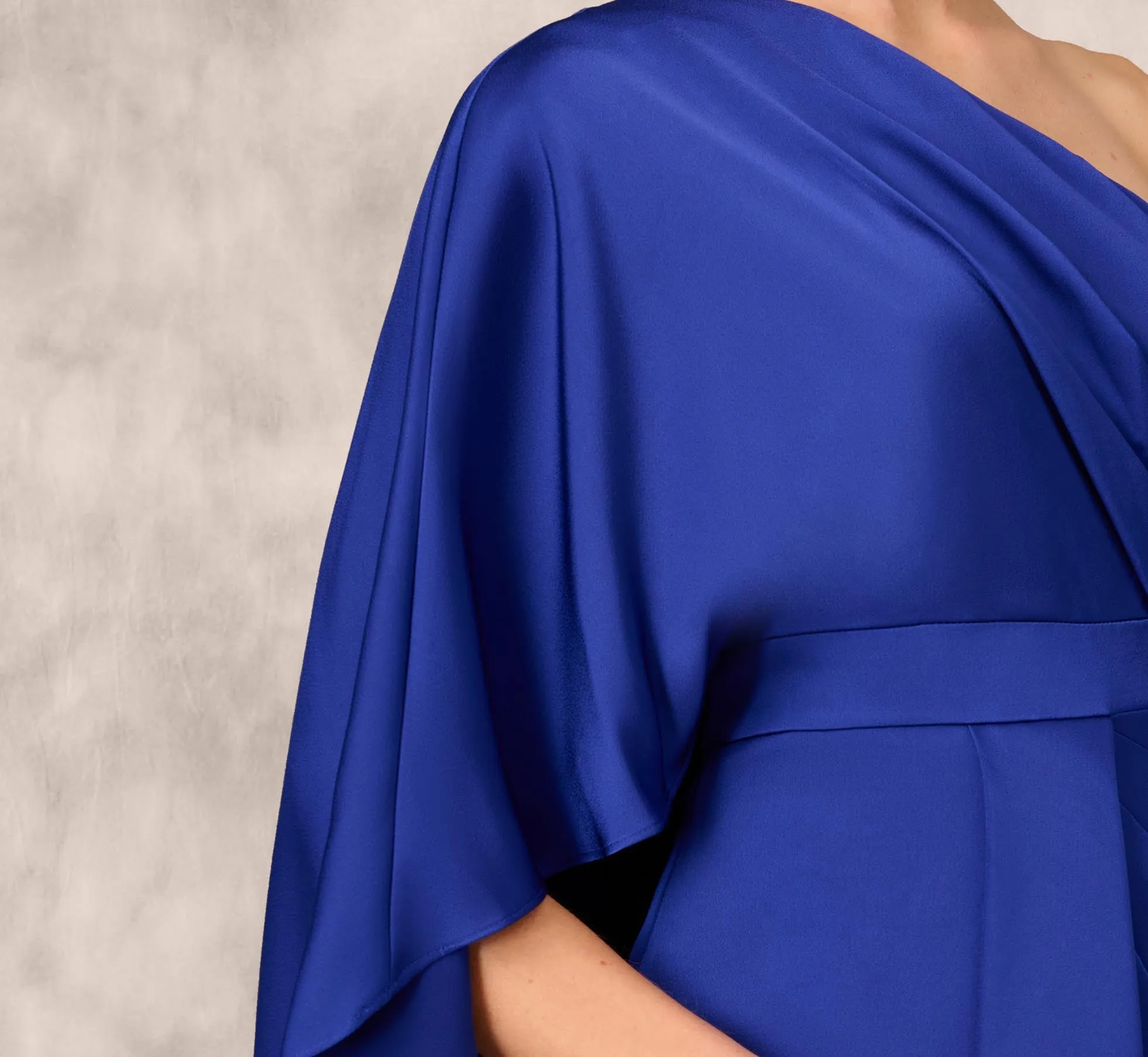 One-Shoulder Satin Draped Sheath Dress With Crepe Back And Cape In Royal Sapphire