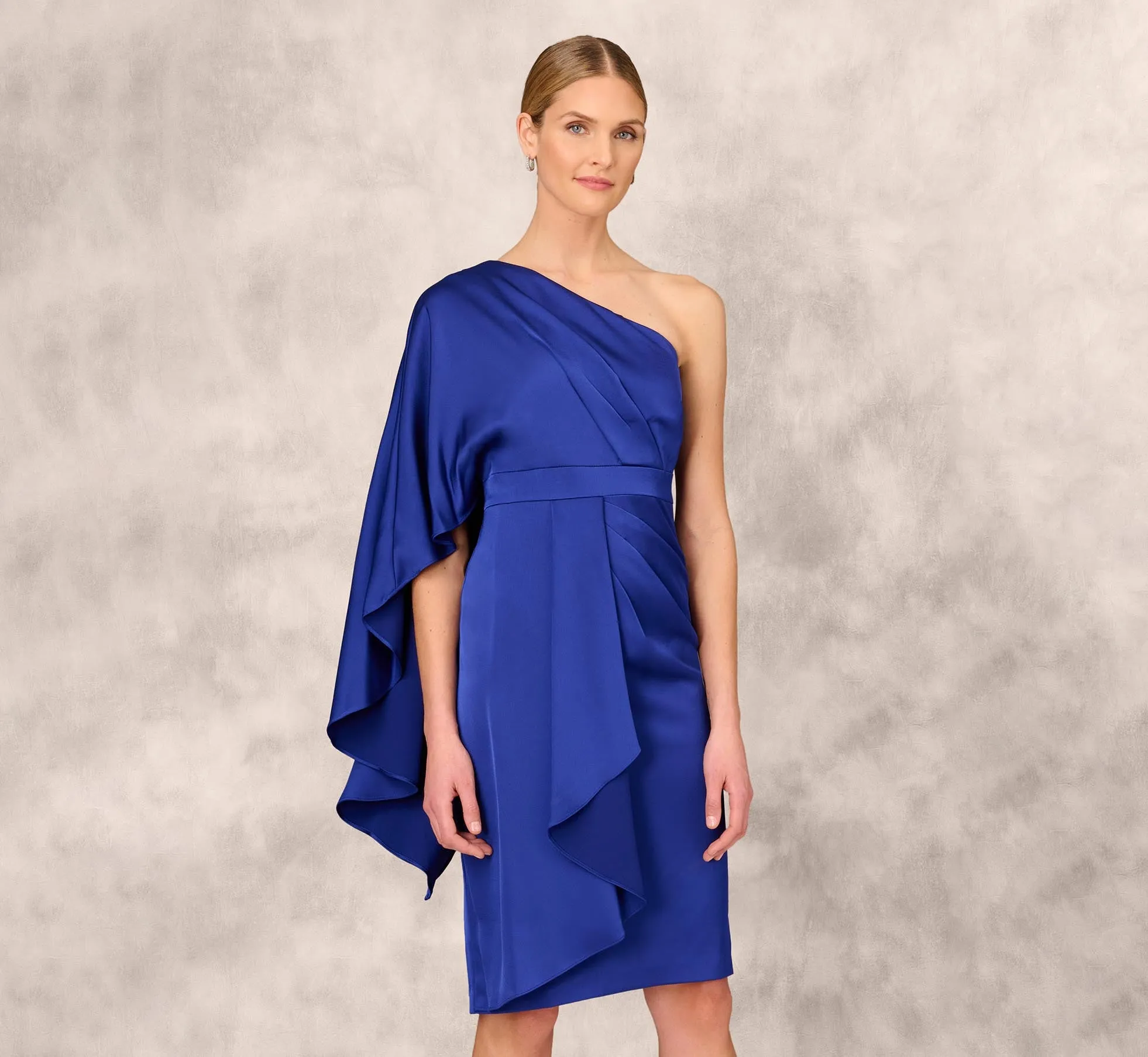 One-Shoulder Satin Draped Sheath Dress With Crepe Back And Cape In Royal Sapphire