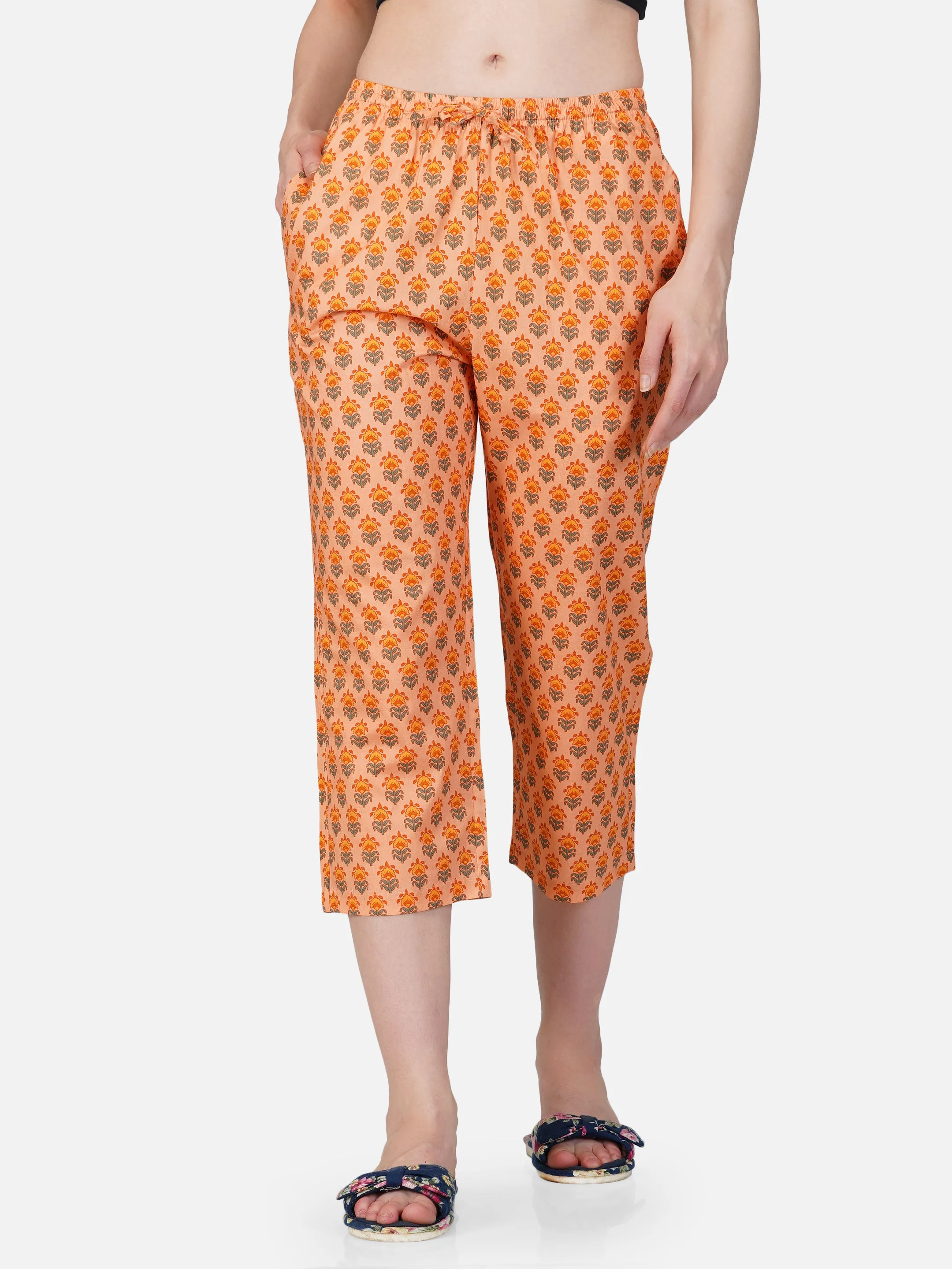Orange floral motif printed capris