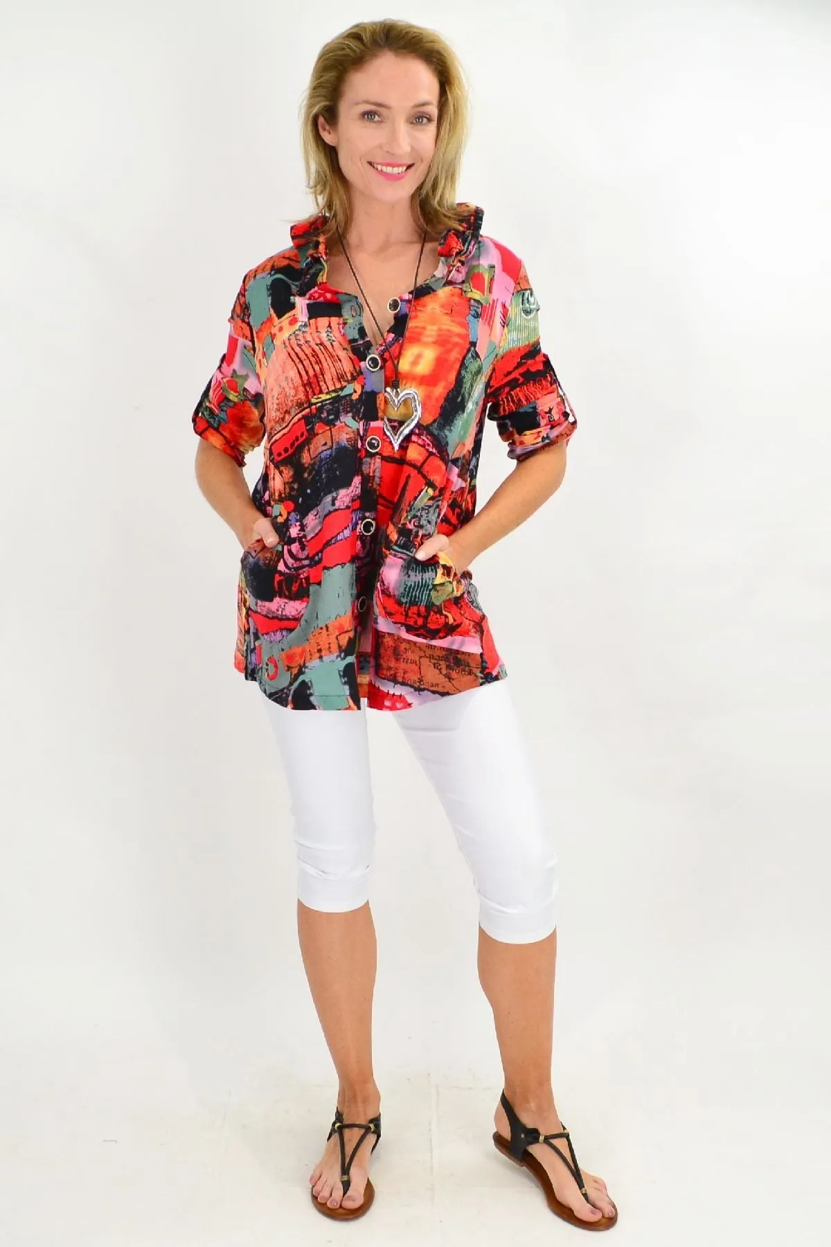 Orange Train High Collar Tunic Shirt