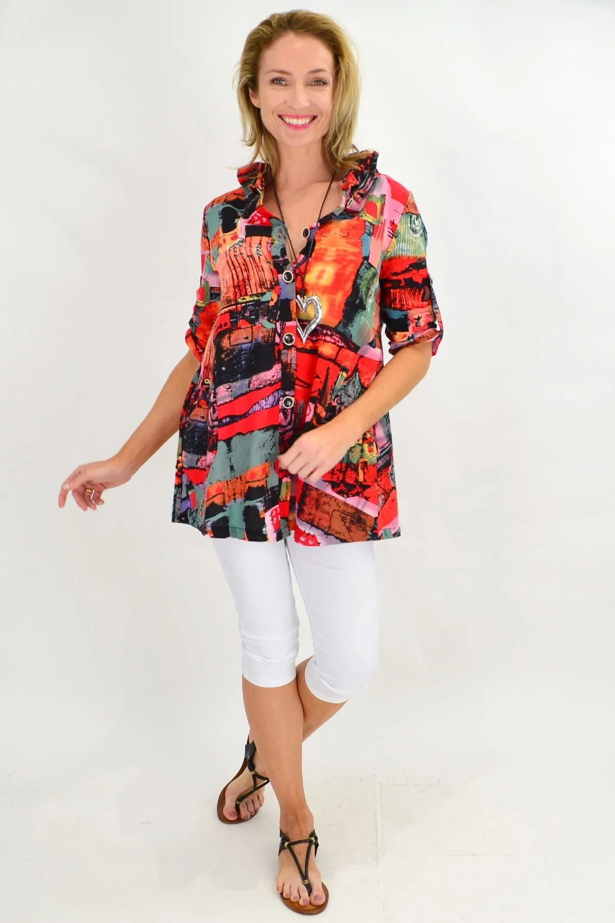 Orange Train High Collar Tunic Shirt