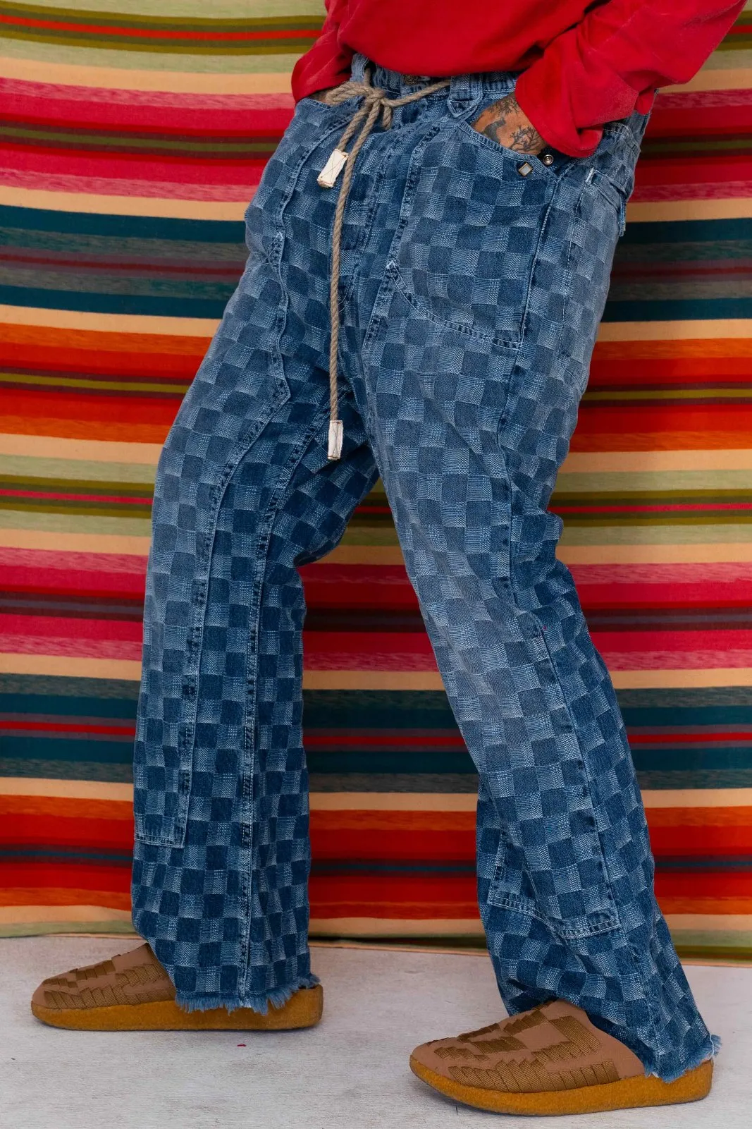 P75 Westerner Bell Bottoms Denim Checker Dakota Dobby Sunfaded Indigo