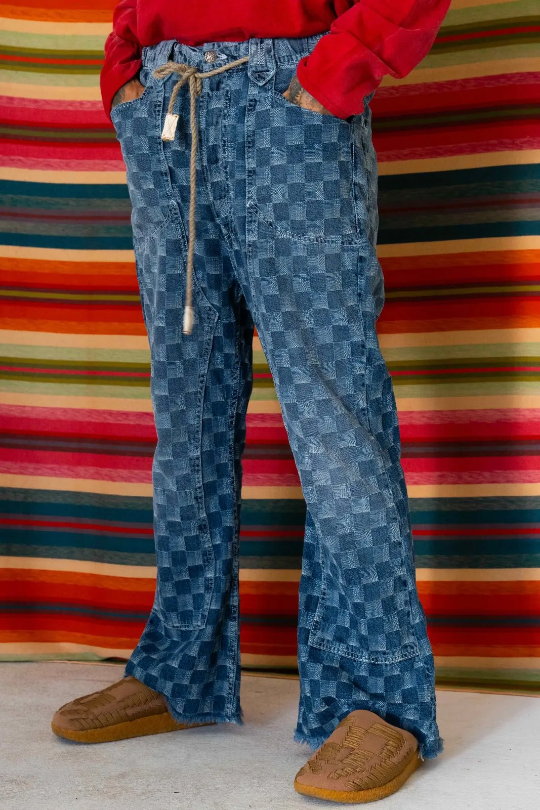 P75 Westerner Bell Bottoms Denim Checker Dakota Dobby Sunfaded Indigo