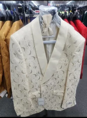 Paisley Tuxedo Dinner Jacket - Ivory - Cream - Off White Mens Blazer   Bowtie - Prom Jackets