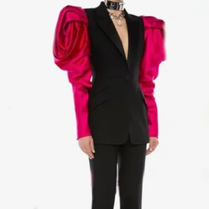 Patchwork Hit Color Women's Blazer Puff Sleeve Notched Female Blazers 2019 Autumn Plus Size Fashion New Clothing